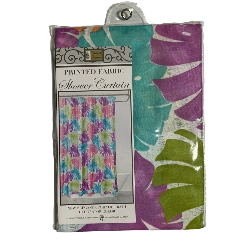 Shower Curtain Tropical Colorful Leaf Print Fabric Teal Pink Green 70 X 72 in